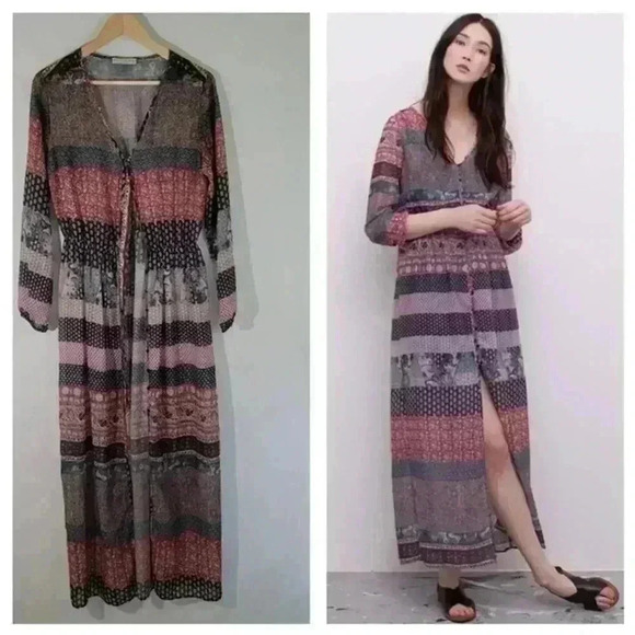 Pull&Bear Dresses & Skirts - Pull & Bear Women's Multicolored Dress Robe Size M Button Front Long Sleeve